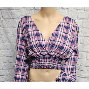 ZARA M V-NECK PLAID SMOCKED CROPPED PINK PURPLE BLUE SURPLICE PEASANT L/S TOP